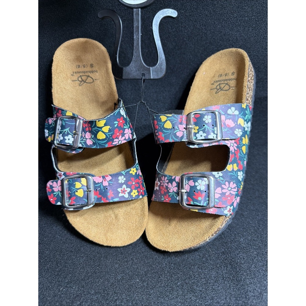 EUC cork sole & faux leather footbed floral Buckle Slide Sandals Women's 5/6 New